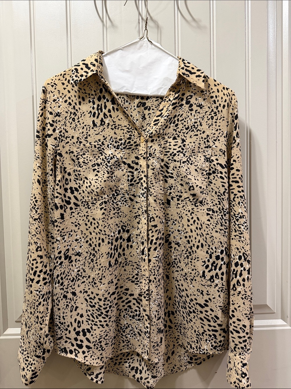 Maurices Beige and Black Leopard Print Button-Up Blouse